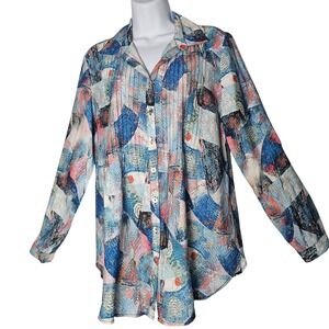 NWT Alison Sheri Abstract Print Pleated Button Up Blouse Tencel Blend Women 10